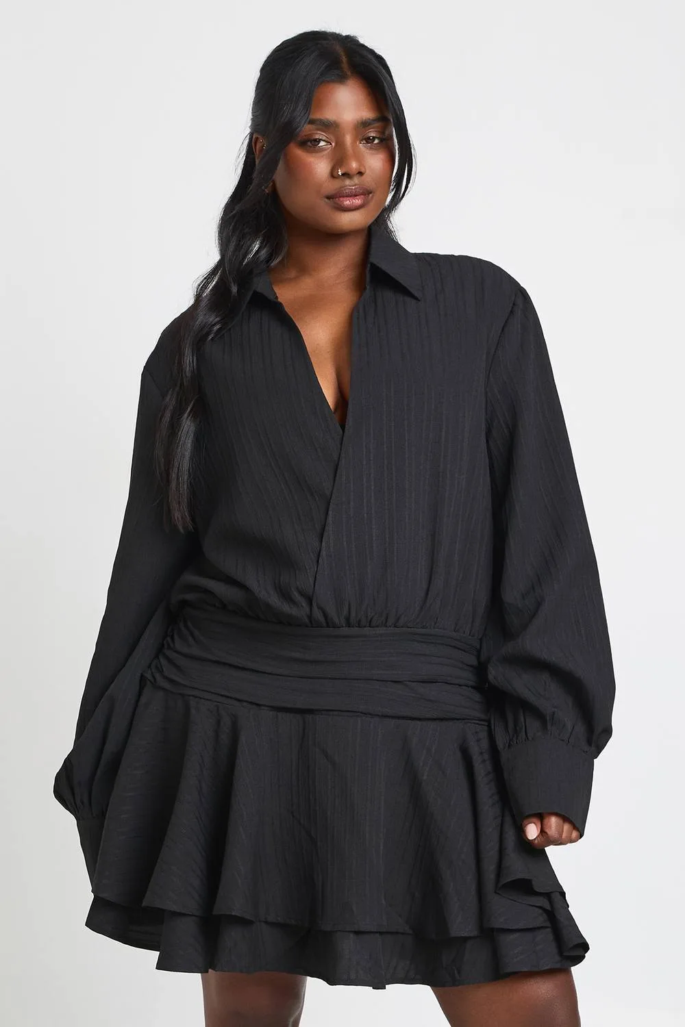 Textured Ruched Frill Skirt Mini Dress