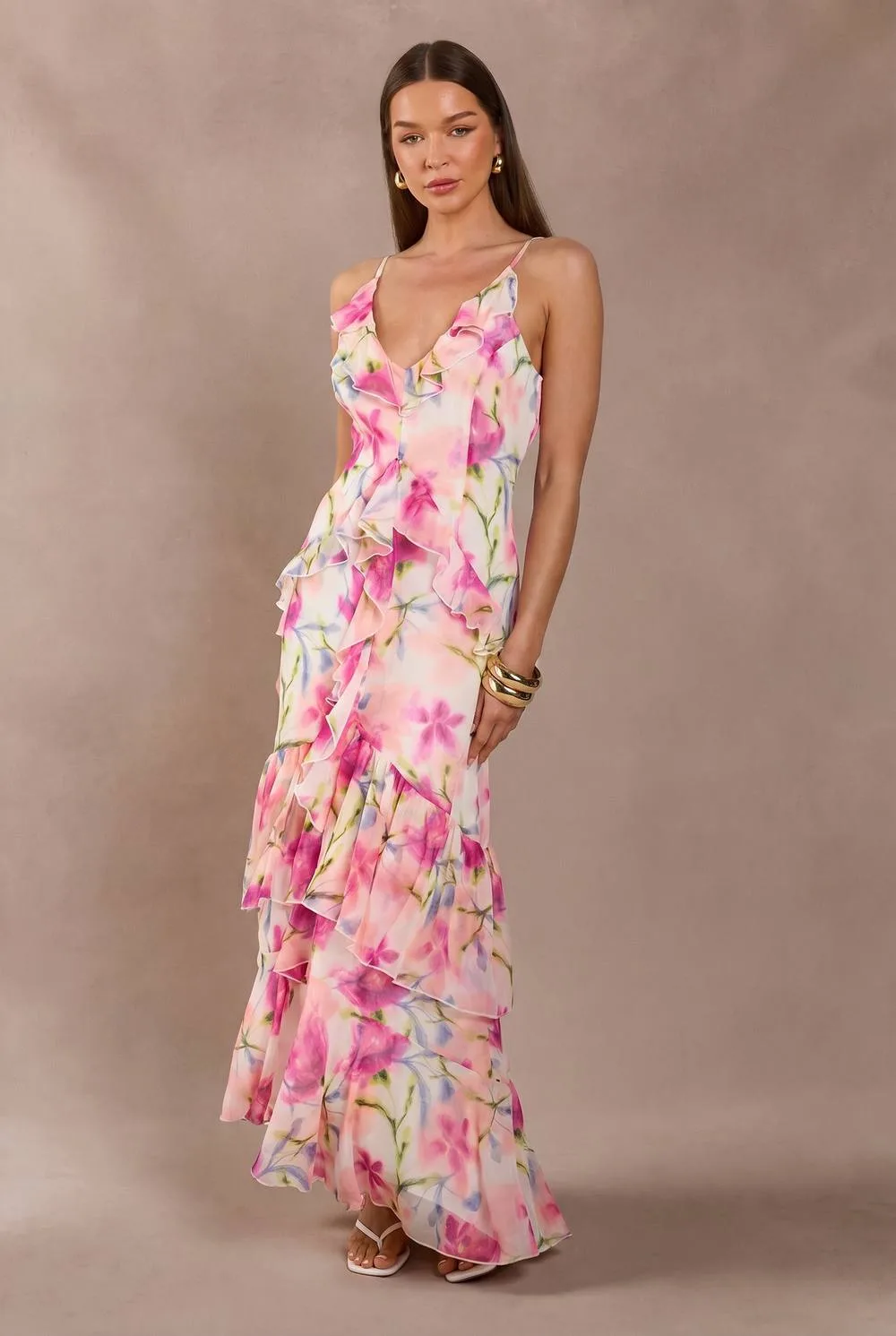 Floral Chiffon Ruffle Detail Maxi Dress