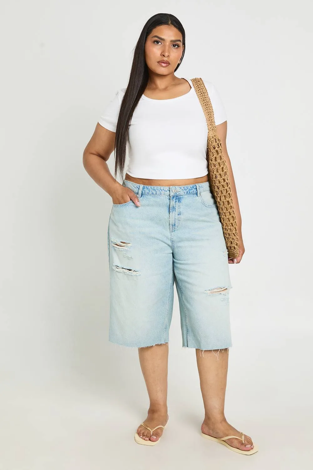 Mid Waist Ripped Cotton Jort by boohoo