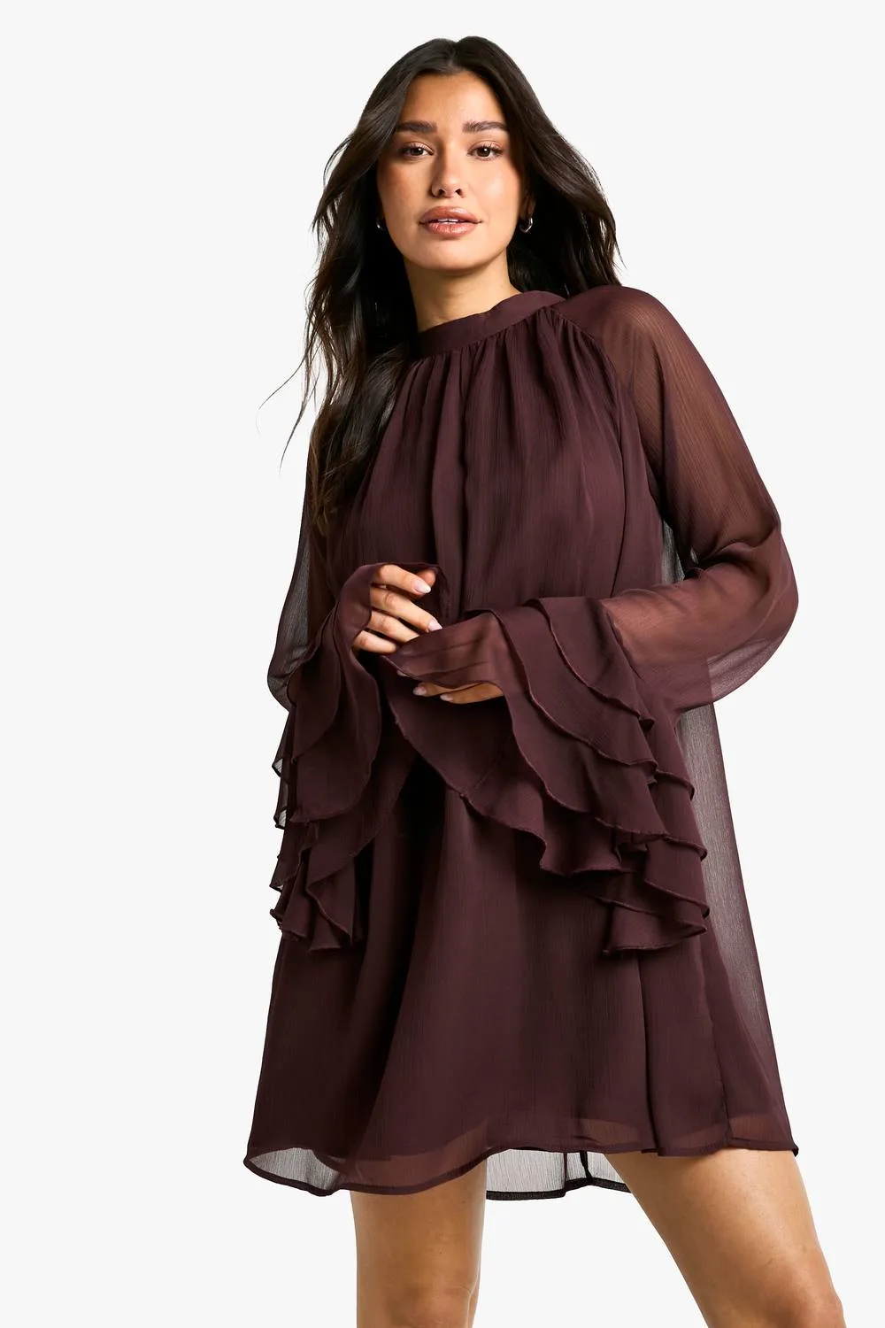 High Neck Volume Sleeve Chiffon Smock Dress