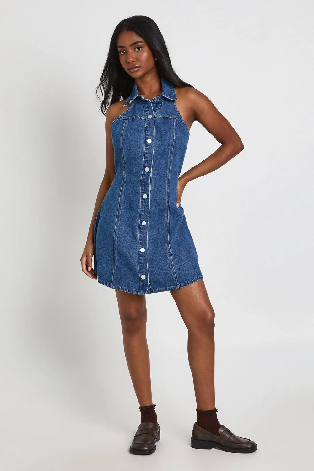 Halterneck Cinched Button Front Denim Mini Dress by boohoo