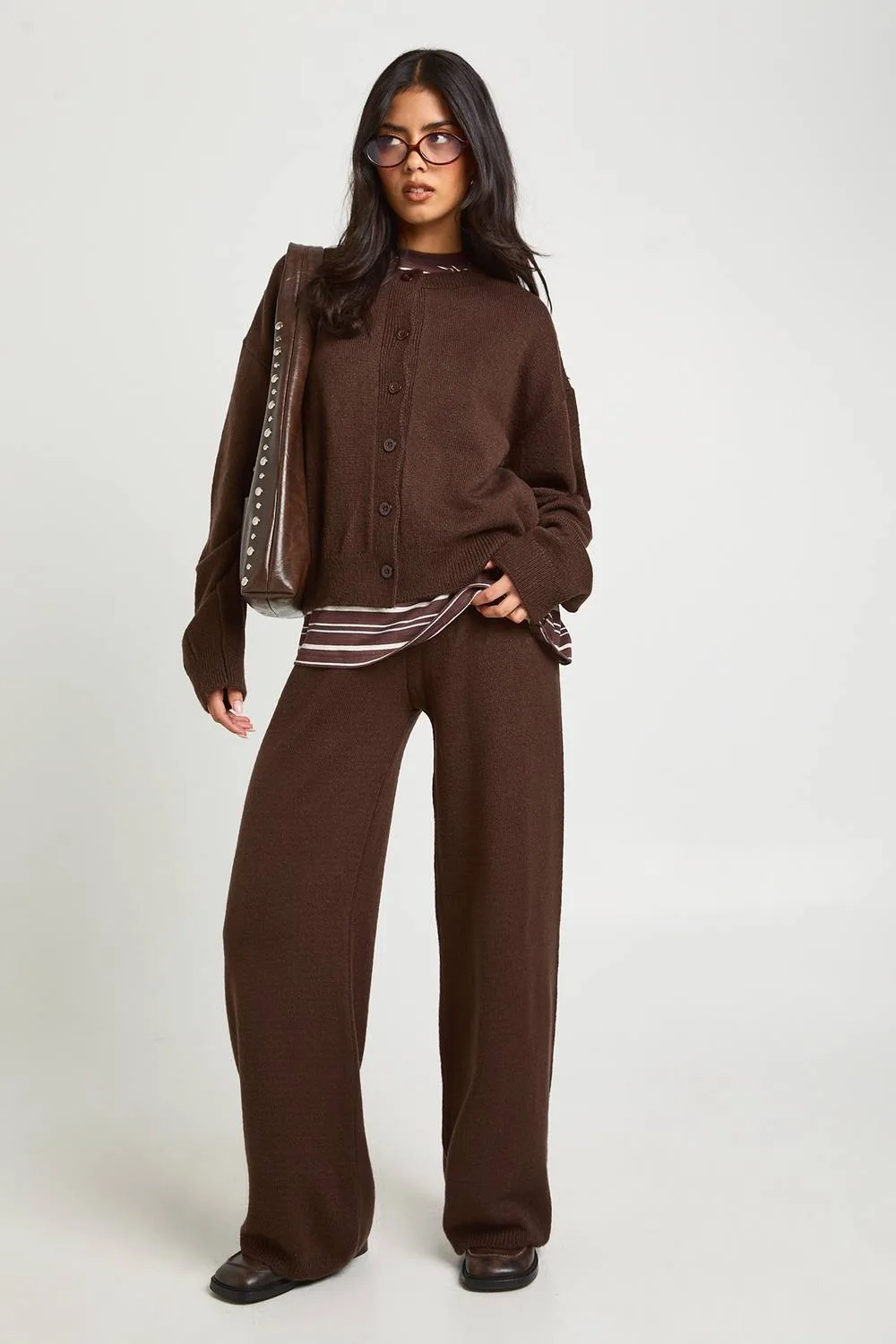 Crew Neck Knitted Boxy Cardigan & Wide Leg Trouser Co-Ord by boohoo