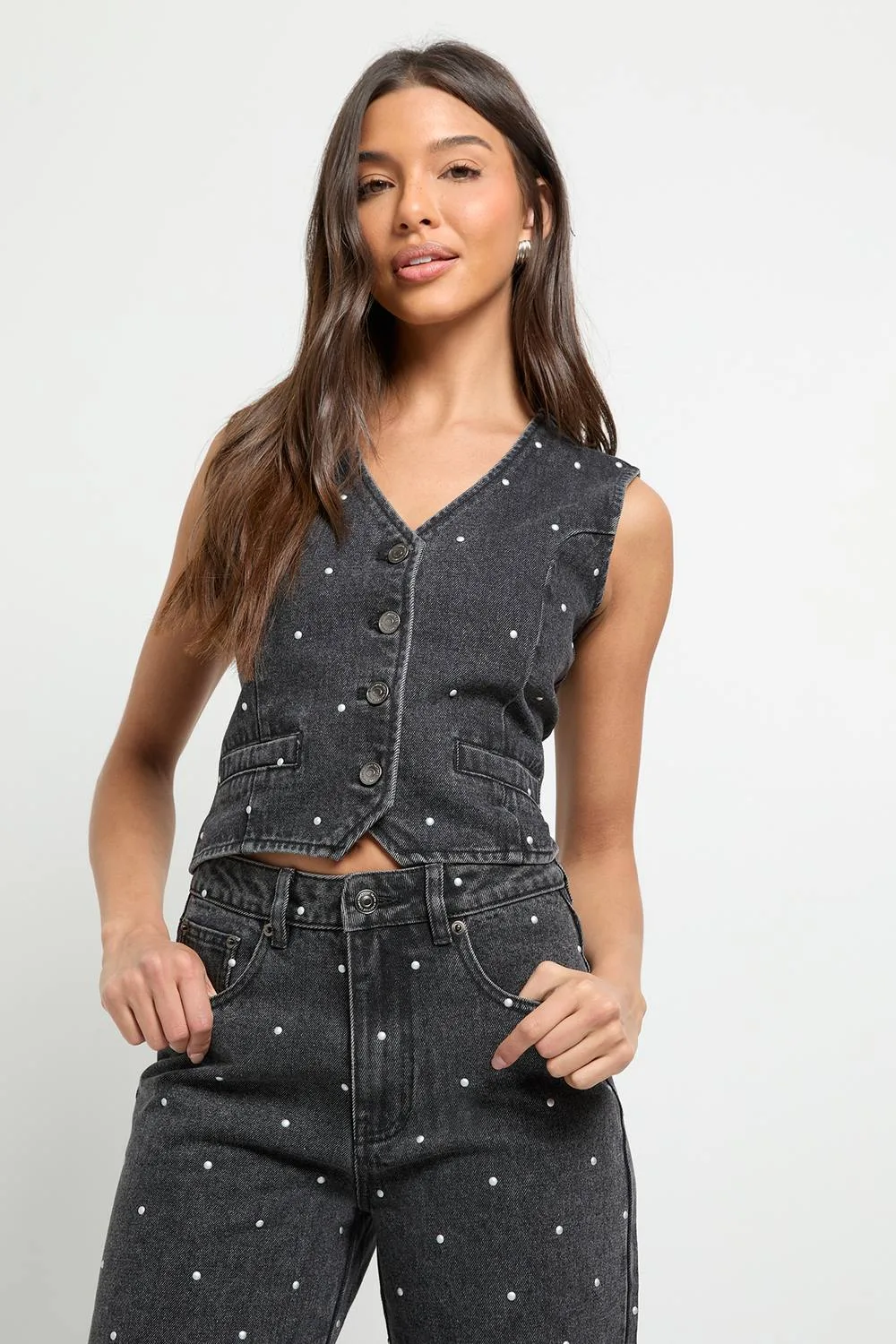 Studded Denim Waistcoat by boohoo