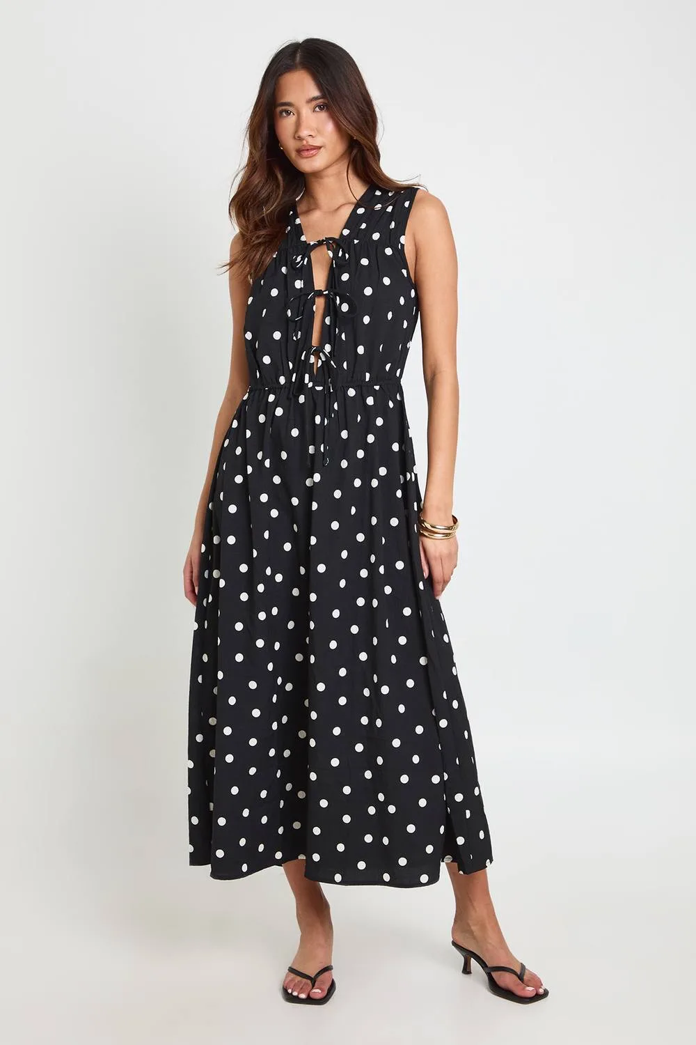 Polka Dot Tie Front Midaxi Dress