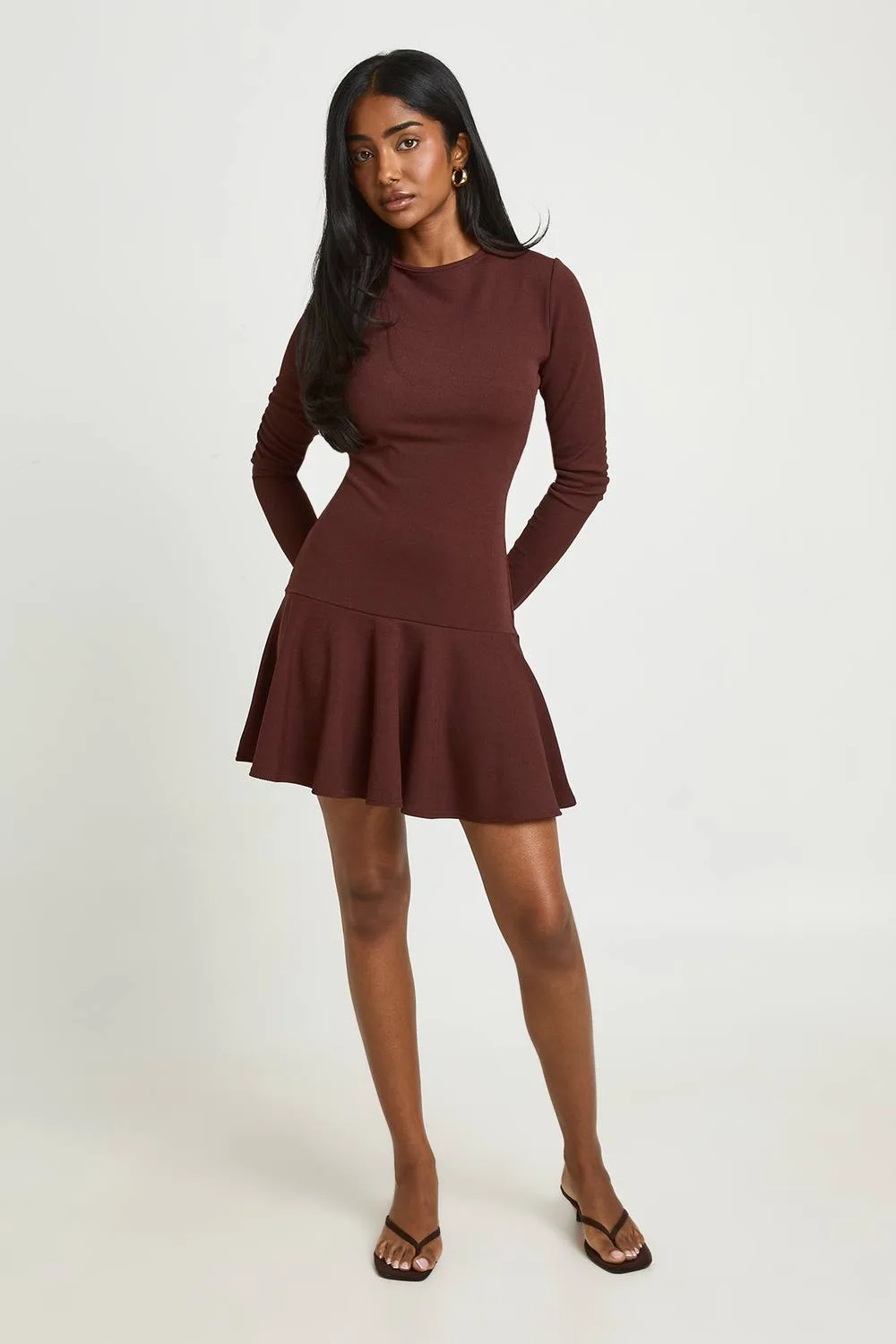Long Sleeve Ribbed Full Skirt Mini Dress