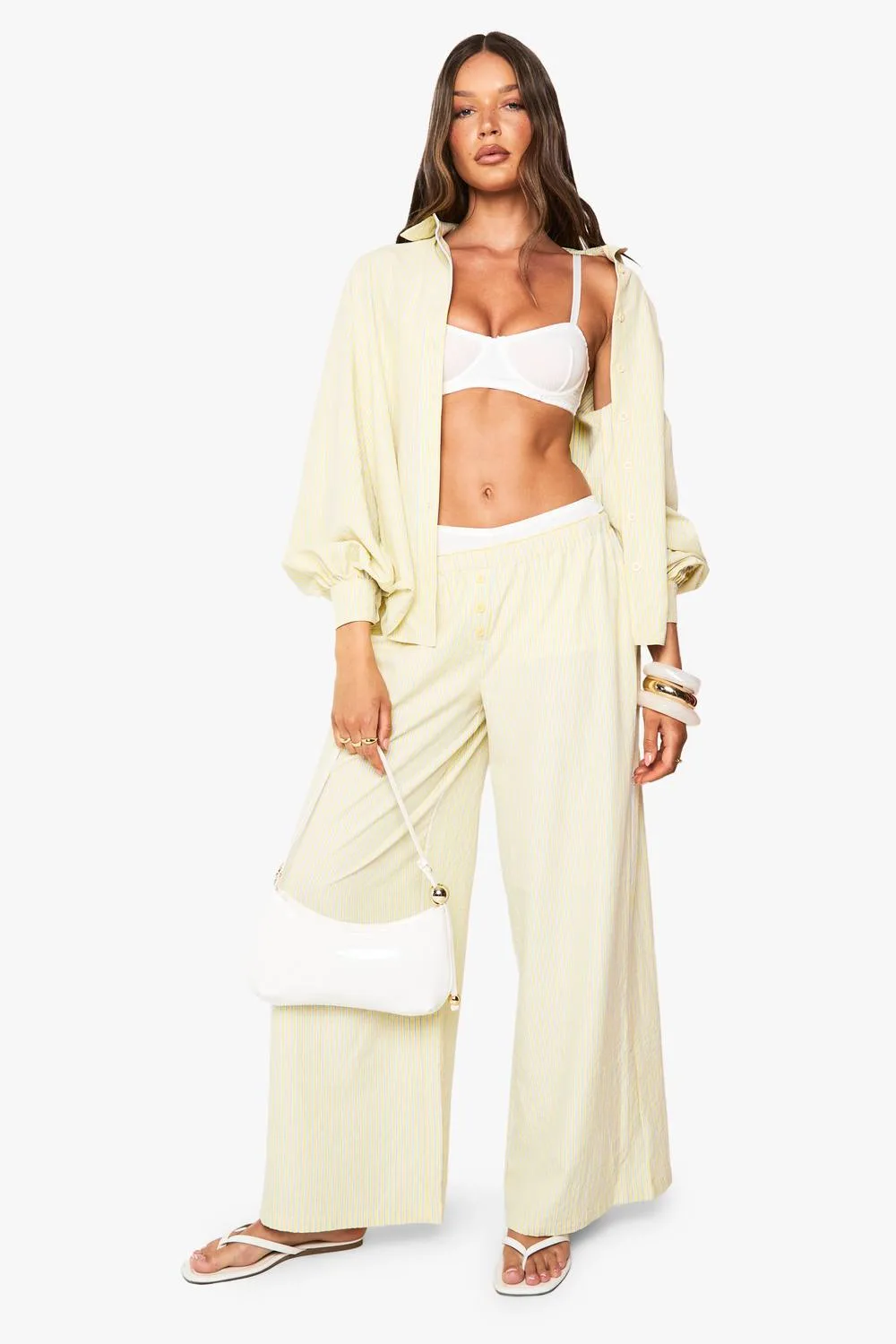 Stripe Button Detail Wide Leg Trousers by boohoo