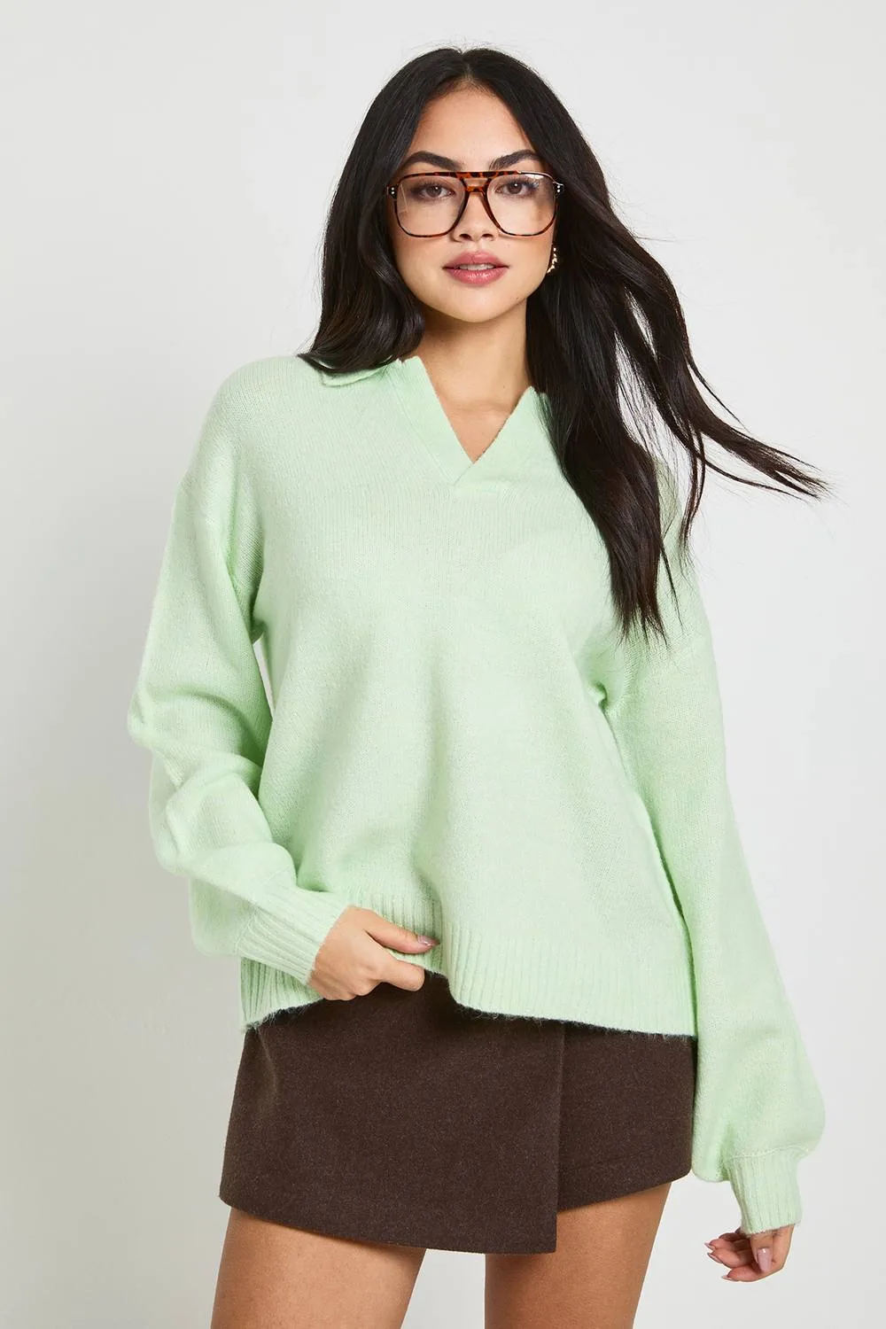 Super Soft V Neck Collared Knitted Jumper by boohoo