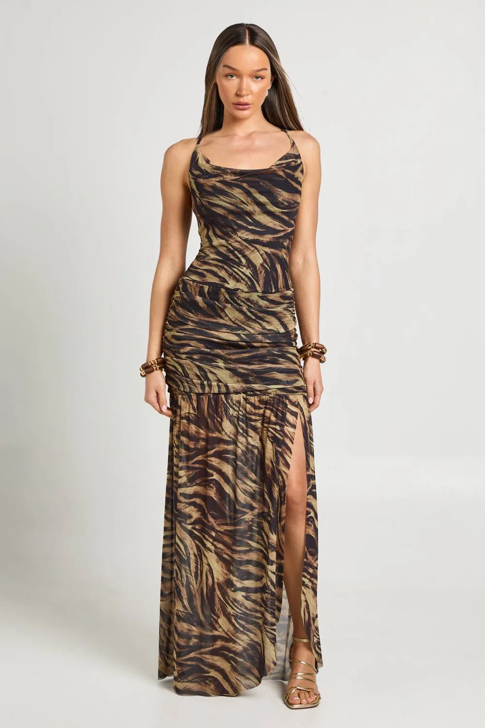 Zebra Printed Mesh Cross Back Detail Flare Hem Maxi Dress - Stone