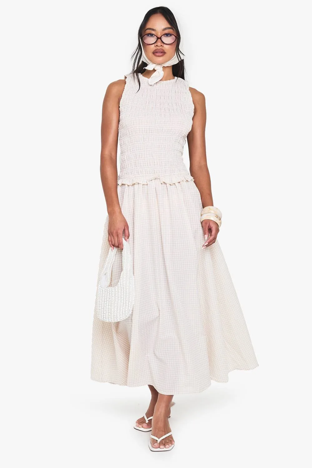 Gingham Shirred Detail Drop Waist Midaxi Dress - Stone by boohoo