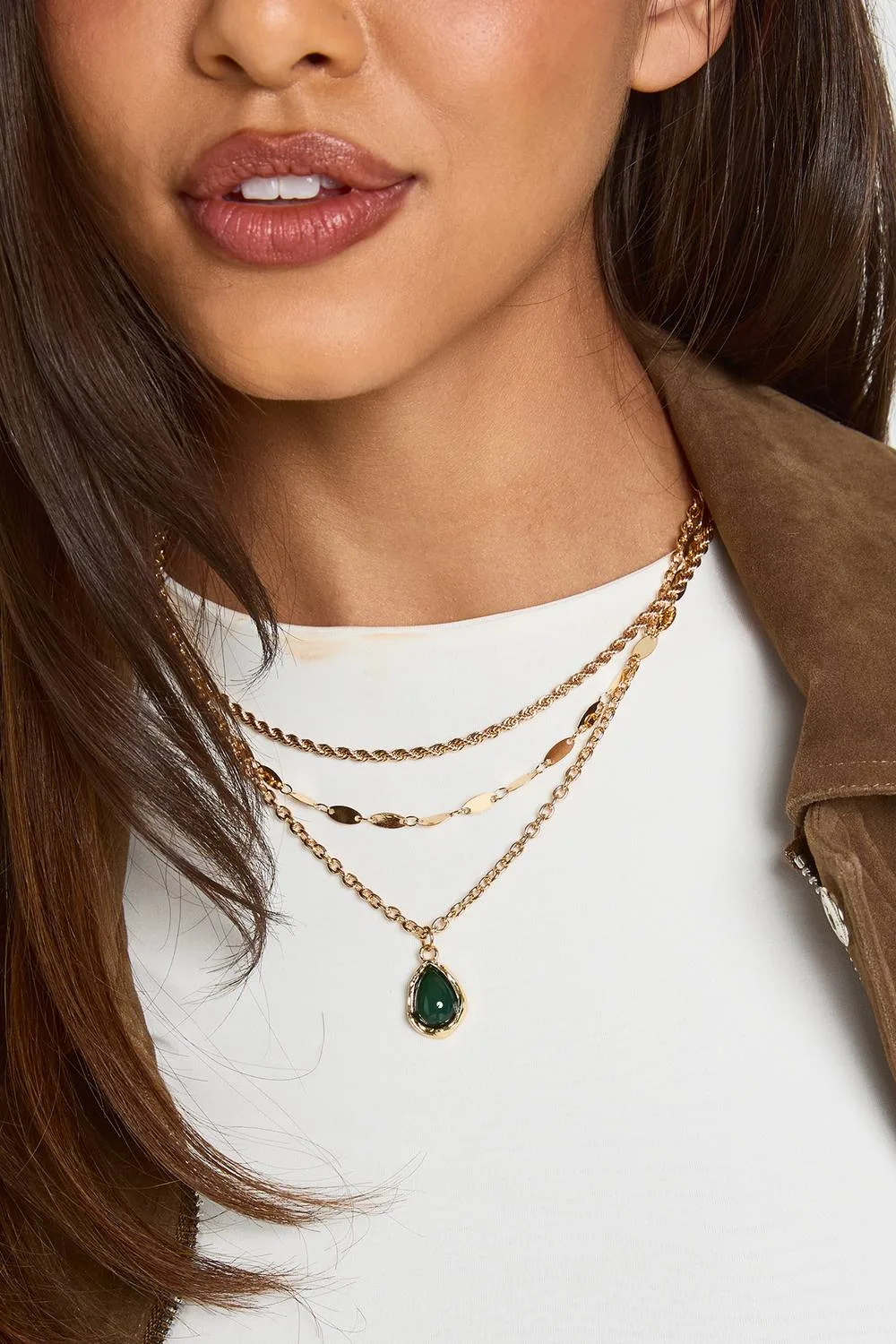 Green Enamel Pendant Detail Triple Layered Necklace by boohoo