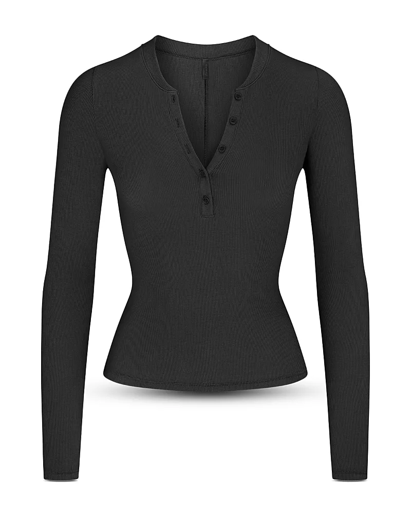 Ribbed Cotton Blend Henley Top by Skims