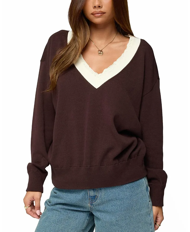 Marie Contrast Lacey V Neck Sweater by Edikted