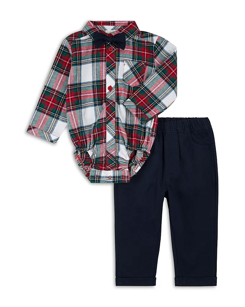 Poinsettia Plaid Flannel Bodysuit, Bow Tie & Pants Set by Firsts By Petit Lem