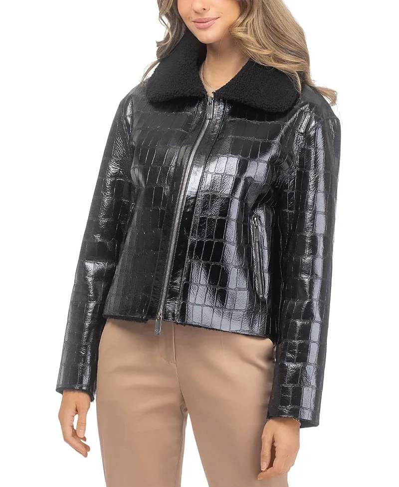 Shearling Lamb Croco Embossed Zip Jacket by Gorski