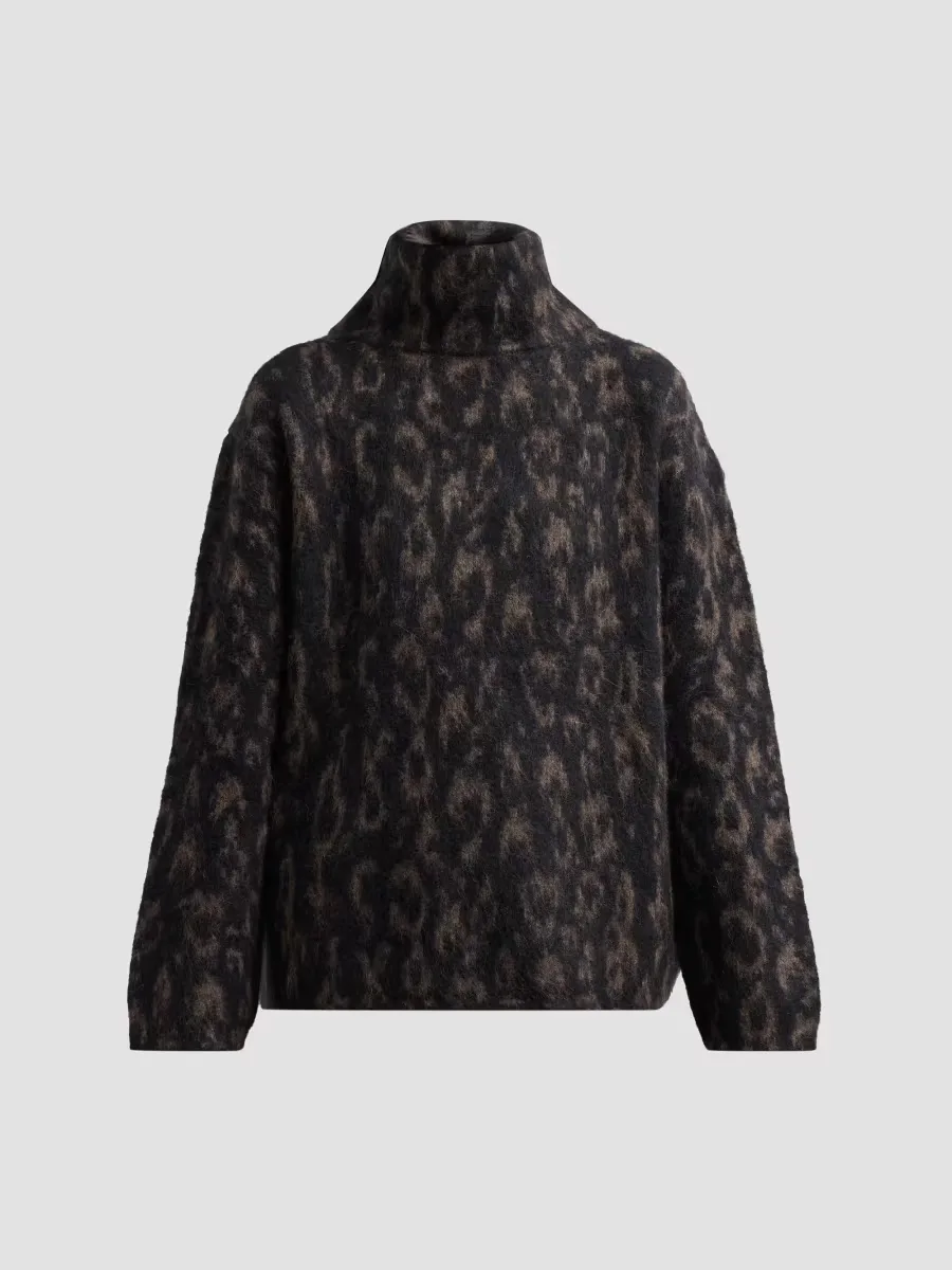 Leopard-Jacquard Oversized Turtleneck Sweater by Vince