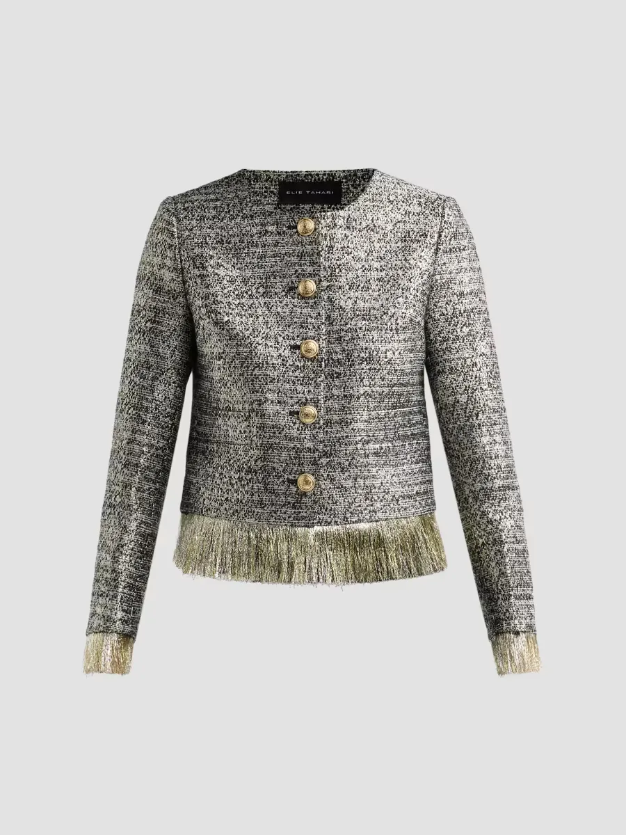 Lia Feather-Hem Metallic Crop Jacket by Elie Tahari
