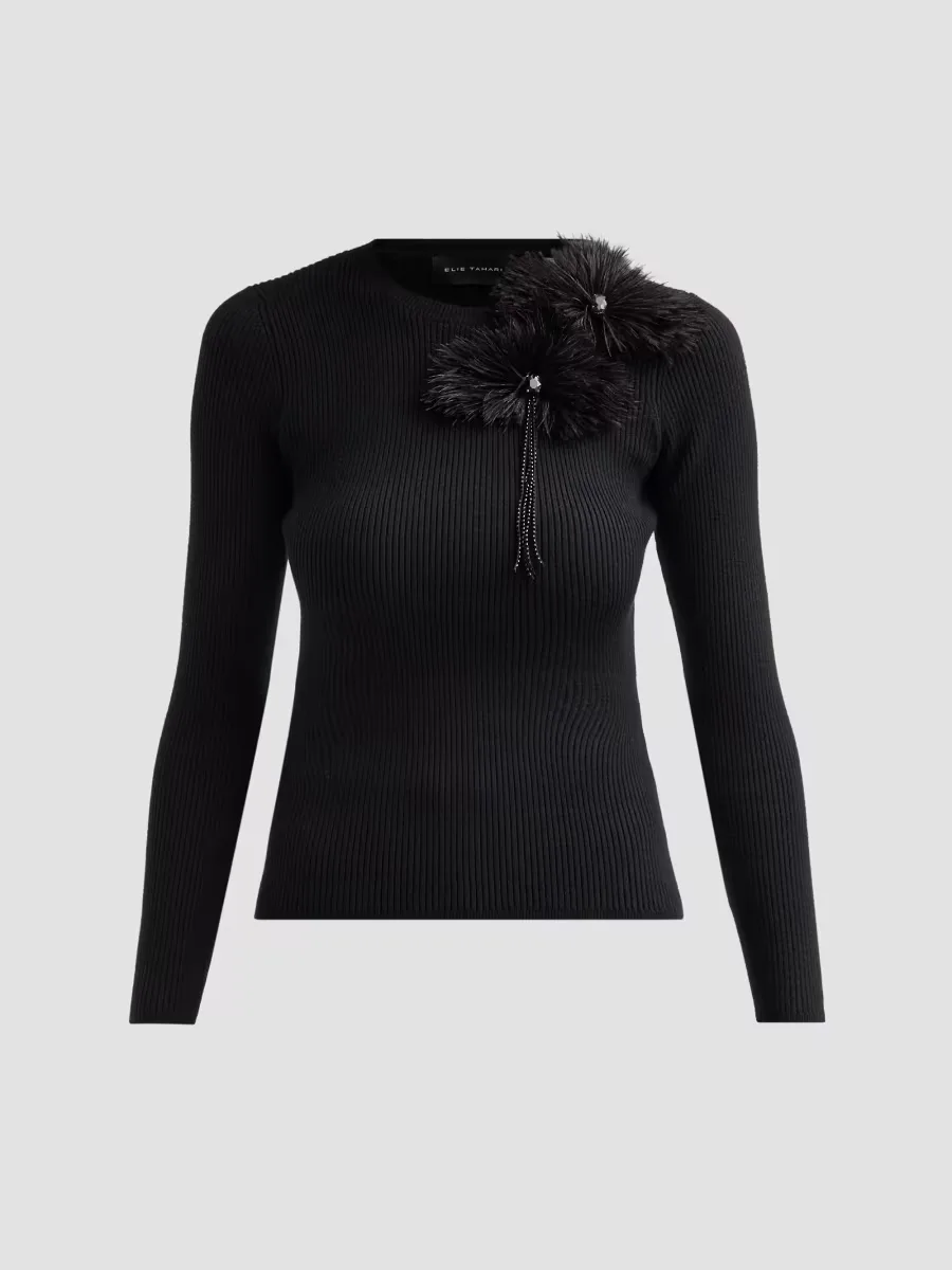 Arianna Brooch Rib-Knit Crewneck Sweater by Elie Tahari