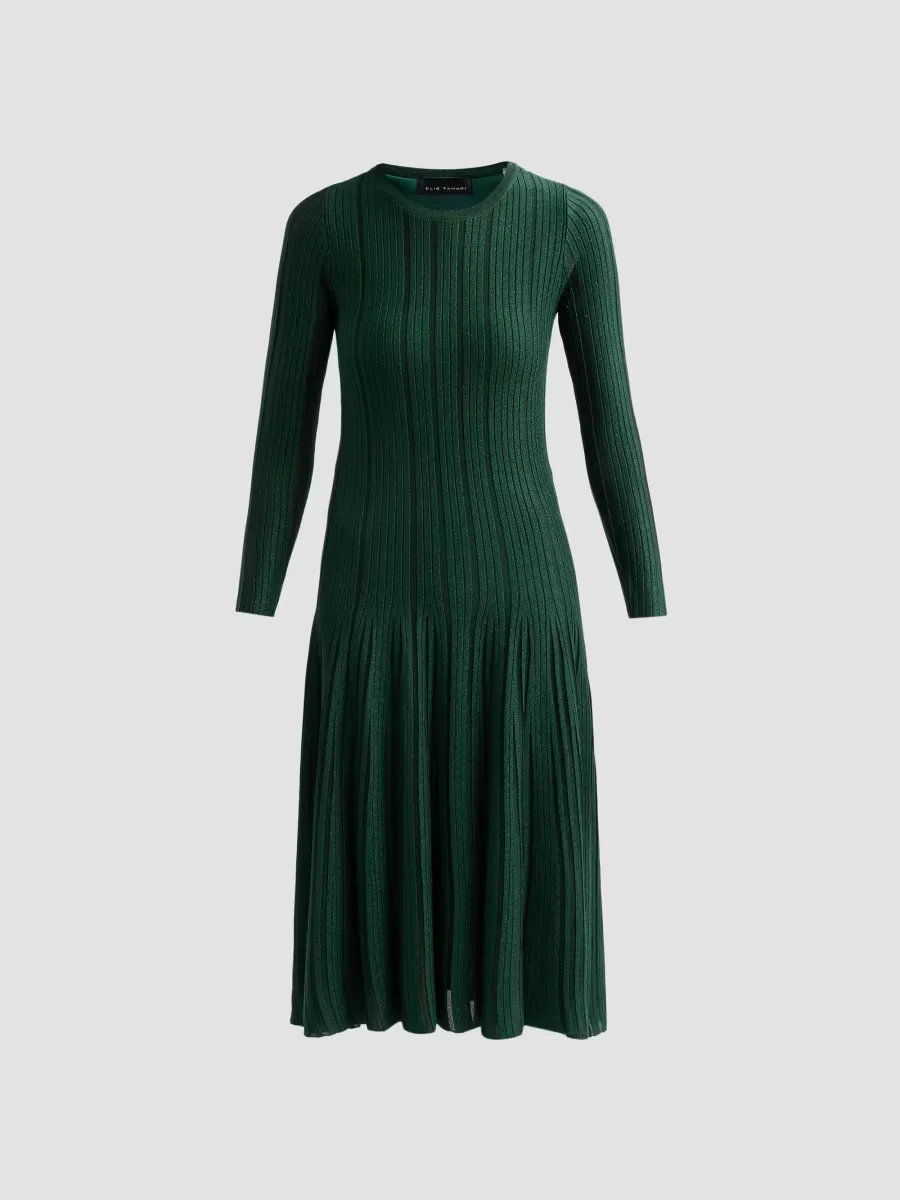 Leah Metallic Rib-Knit Crewneck Midi Dress by Elie Tahari