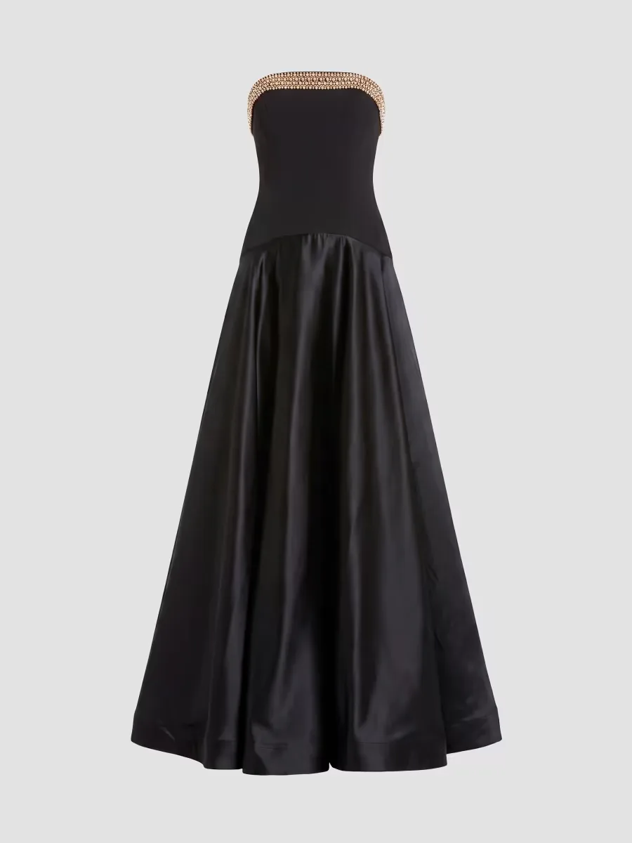 Mac Duggal Beaded-Trim Crepe-Satin Drop-Waist Gown