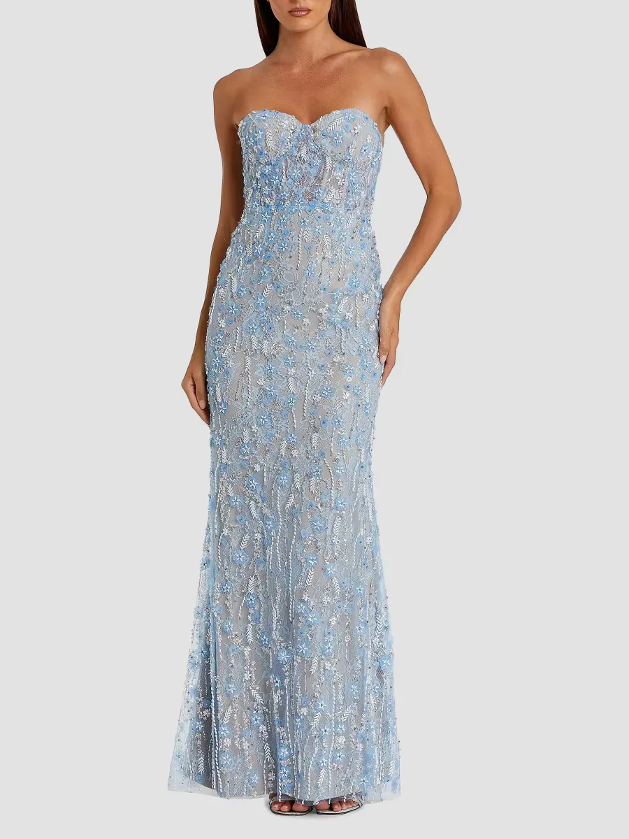 Mac Duggal Embellished Floral Lace Strapless Bustier Gown