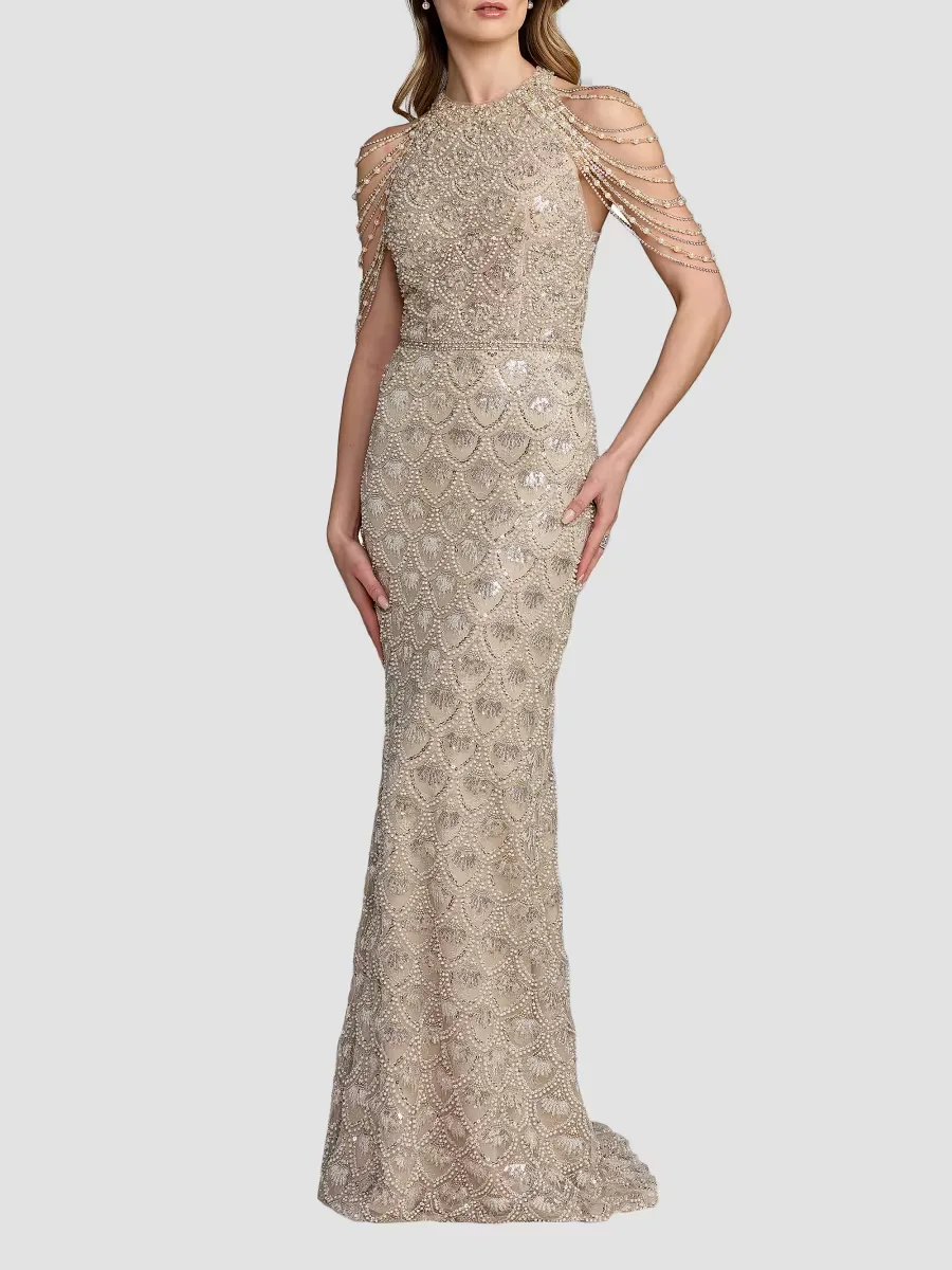 Mac Duggal Draped Pearl-Inspired Beaded Column Gown by M.A.C.