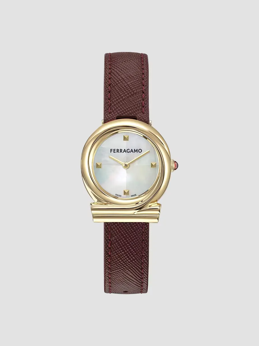 Gancini Twisted Goldtone Stainless Steel & Leather Strap Watch 28MM by Ferragamo