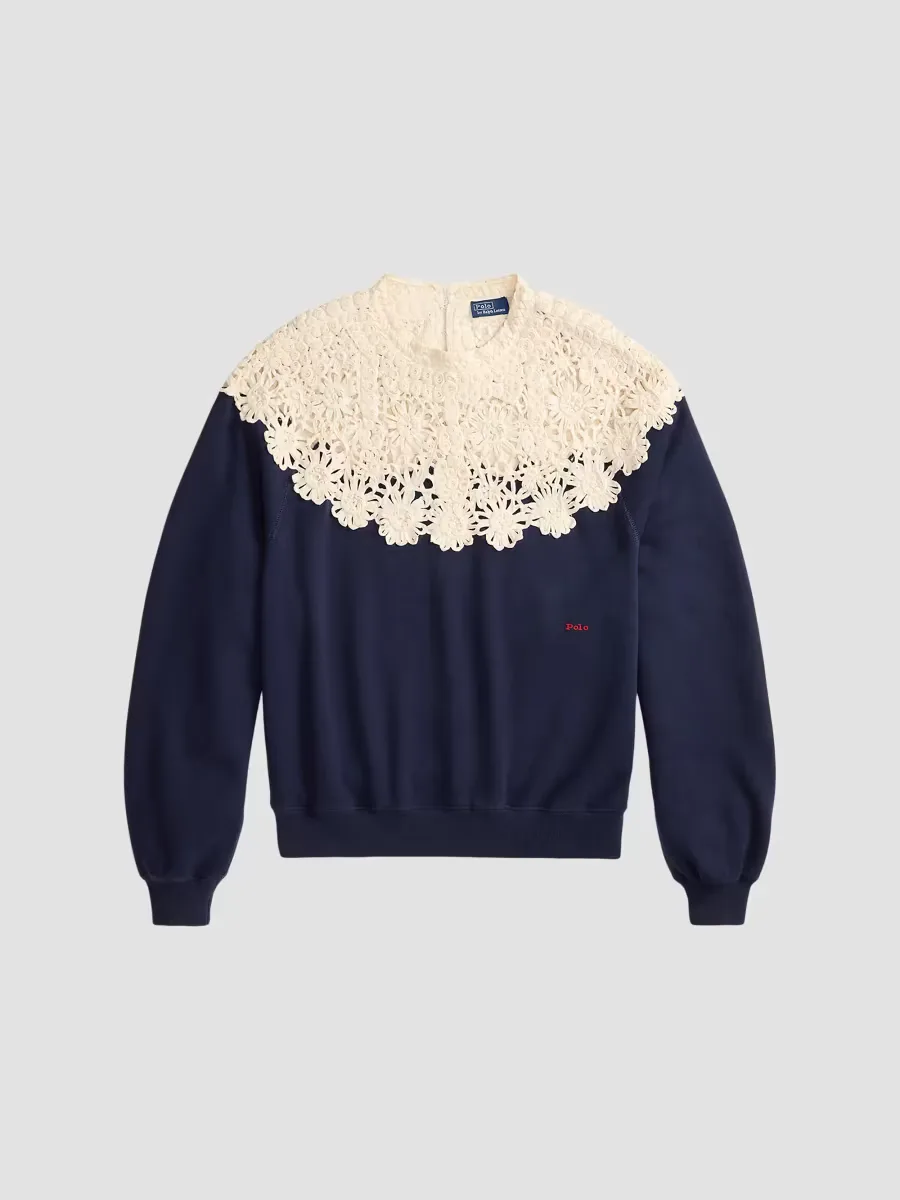 Crochet-Yoke Fleece Crewneck Sweater