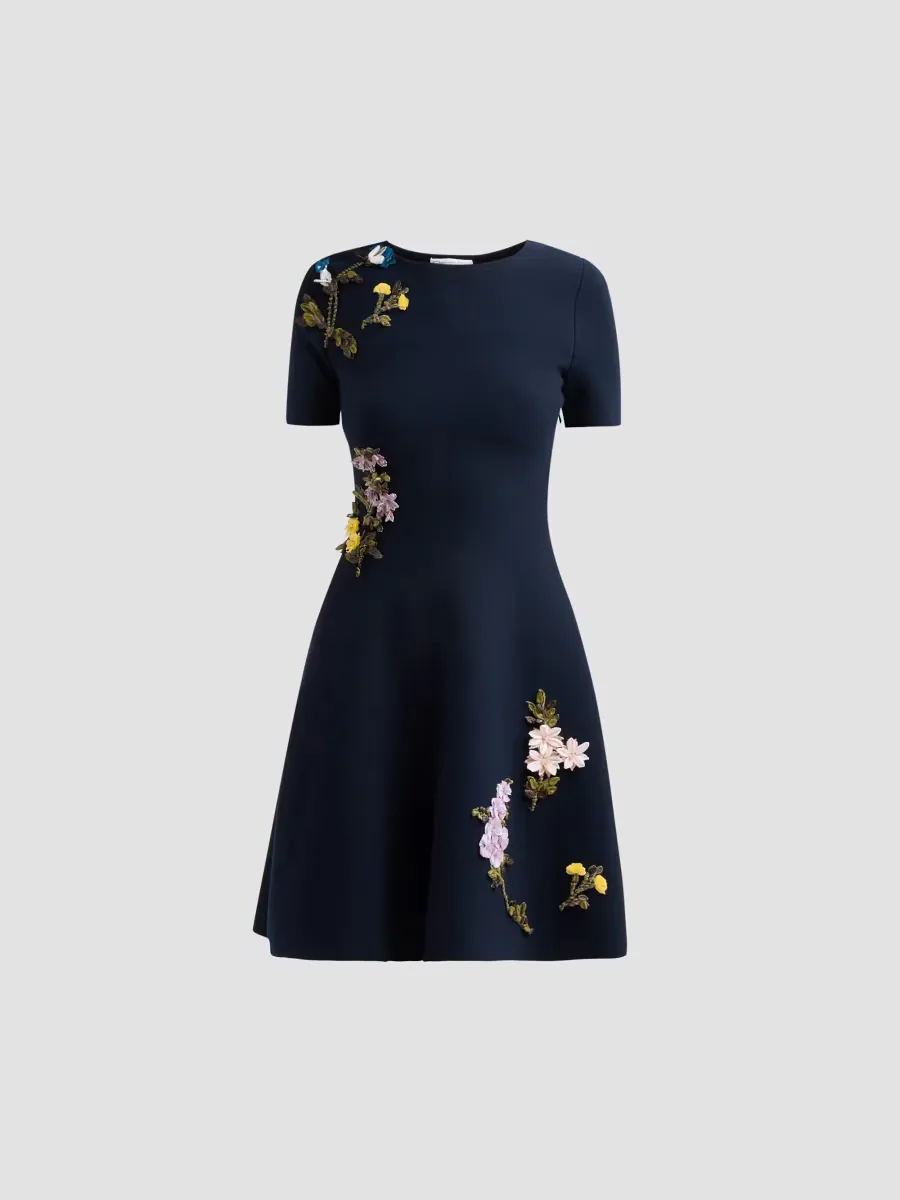 Embroidered Fit & Flare Short-Sleeve Mini Dress by Oscar de la Renta