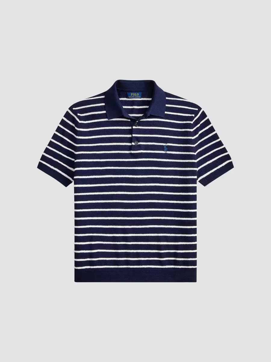 Striped Cotton-Linen Short-Sleeve Polo Sweater by Polo Ralph Lauren
