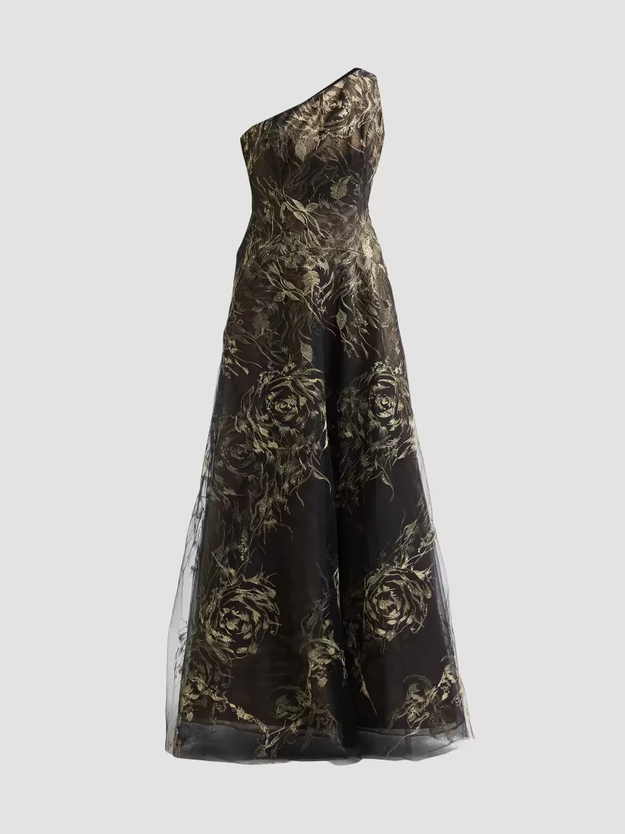 One-Shoulder Metallic Floral Tulle Gown