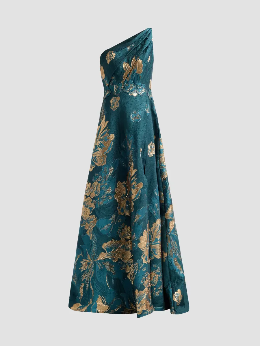 Metallic Floral Jacquard One-Shoulder Gown