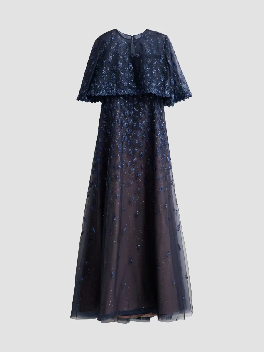 Embroidered Capelet Tulle Gown by Rene Ruiz Collection