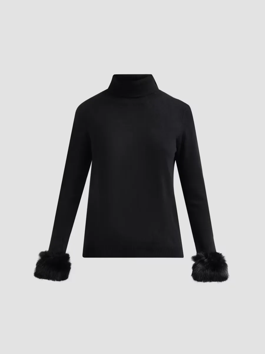 Private Label Turtleneck Faux-Feather-Cuff Cashmere Sweater by Sofia Cashmere