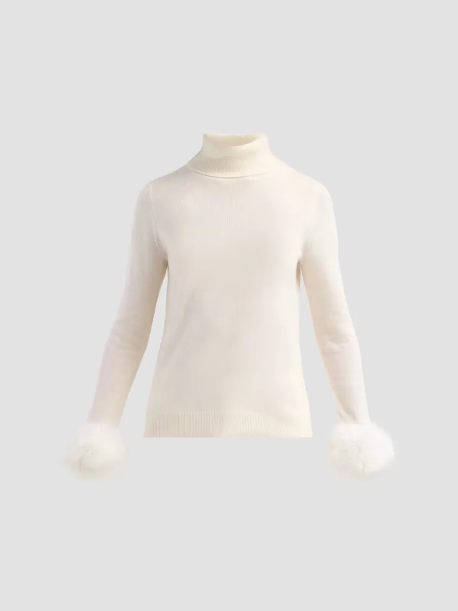 Private Label Turtleneck Faux-Feather-Cuff Cashmere Sweater
