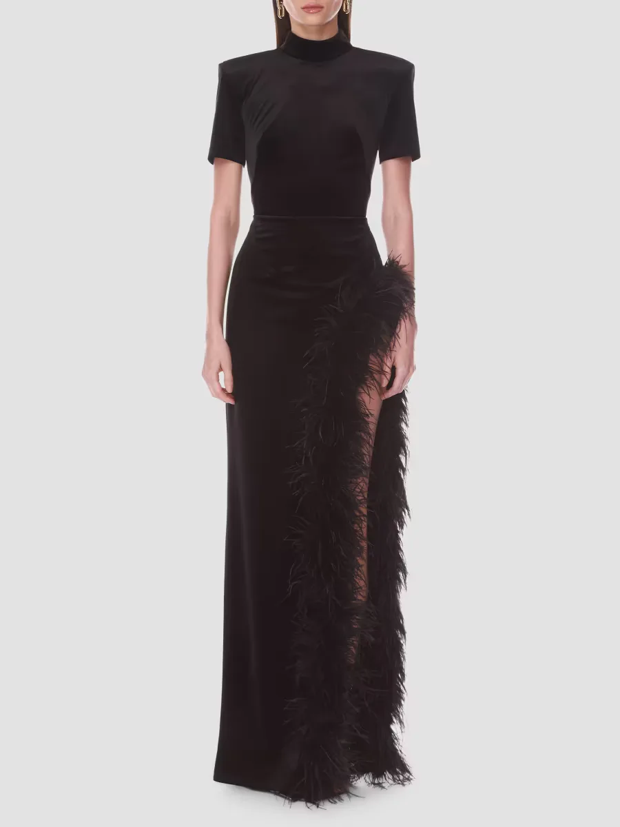 Velvet Feather Trim Slit Gown by Bronx Banco