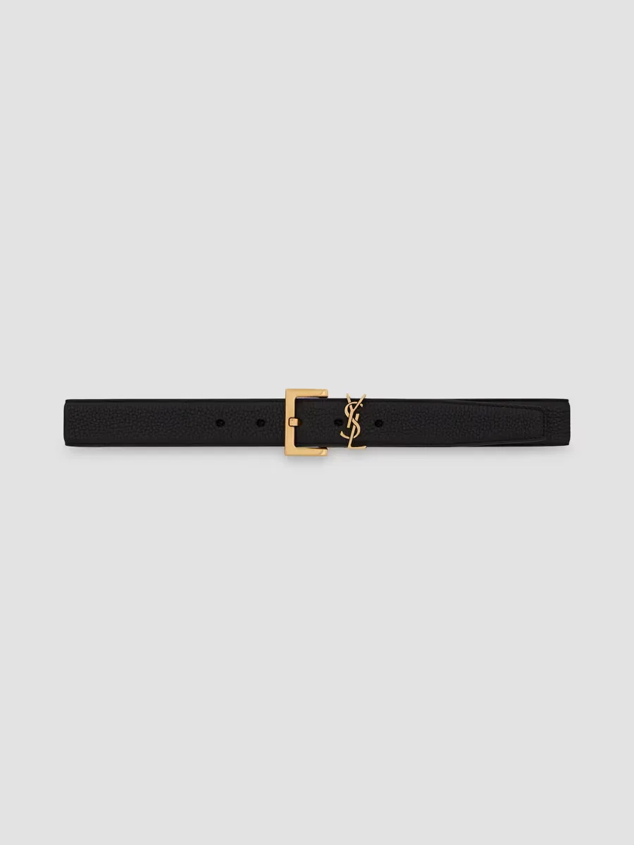 Cassandre Belt with Square Buckle in Grained Leather by Saint Laurent
