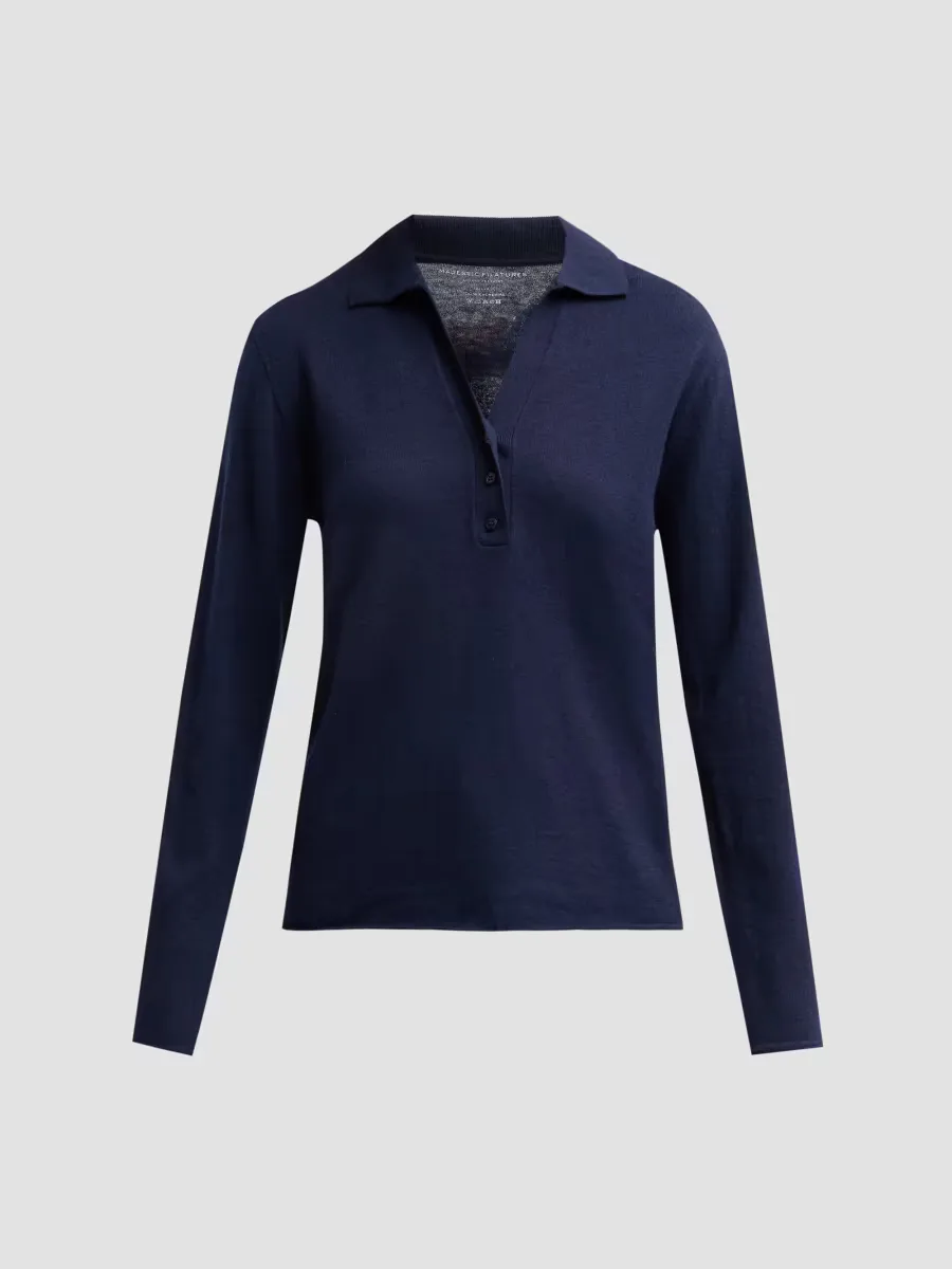 Machine Washable Cashmere Long-Sleeve Polo Top