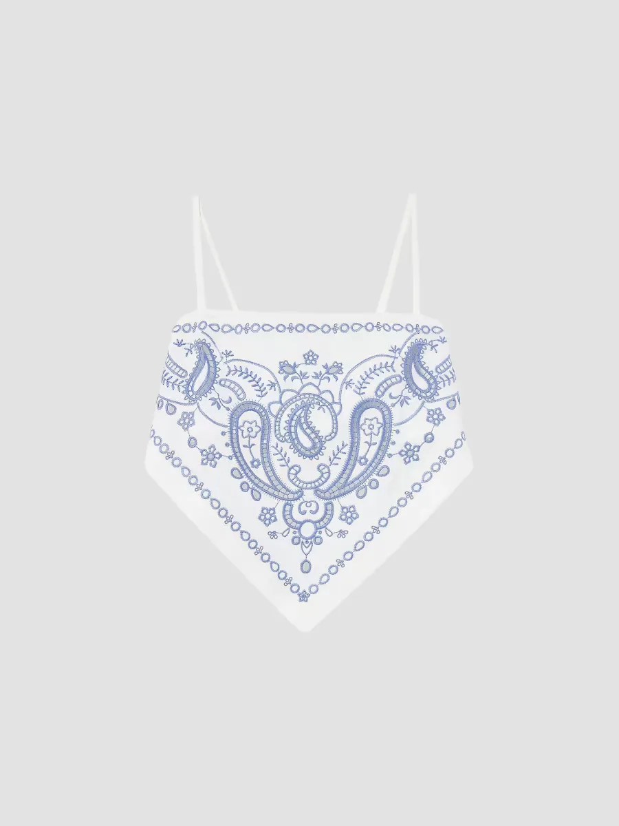 Bandana Embroidered Linen-Cotton Crop Top by Self Portrait