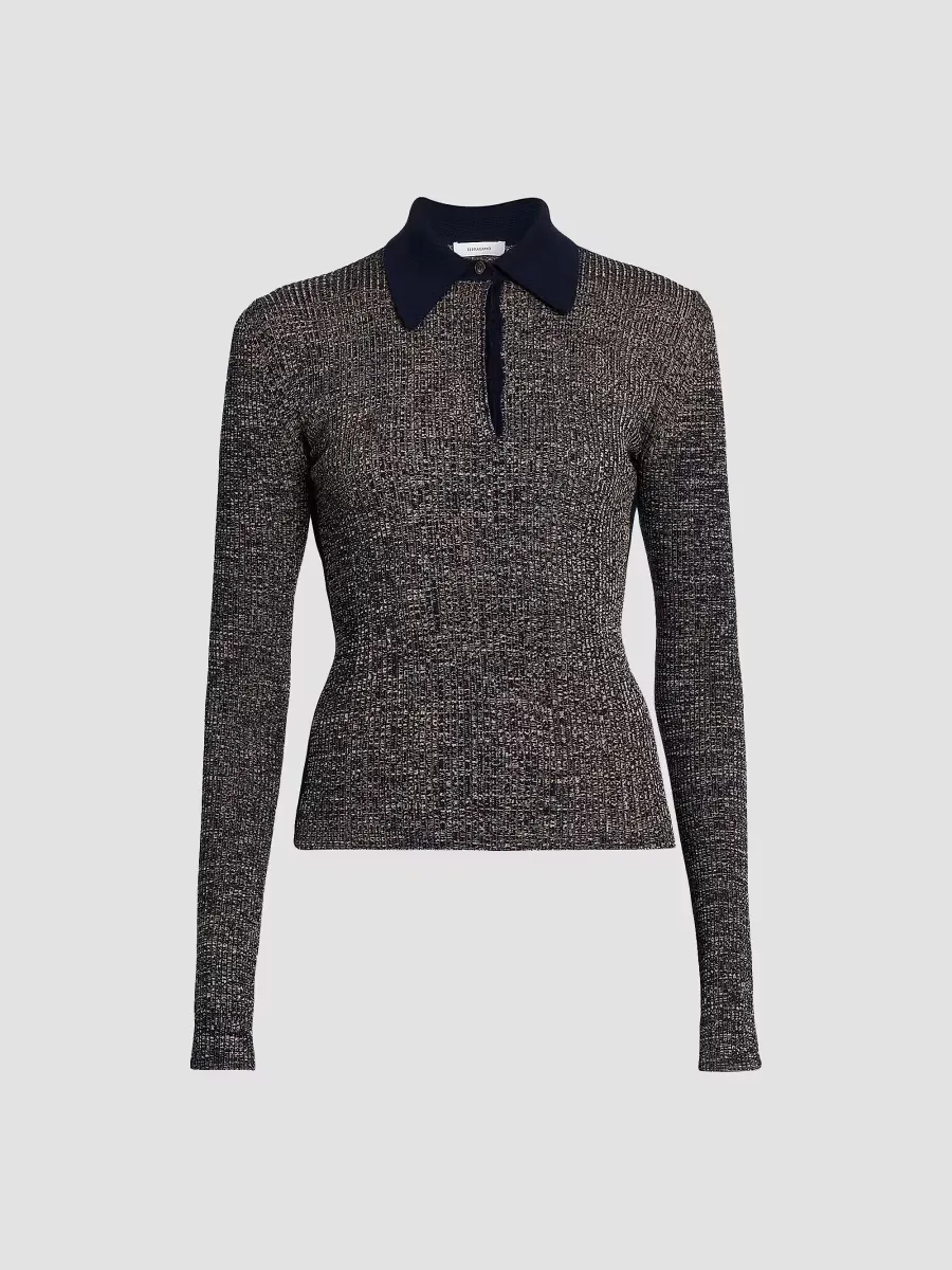 Wool-Blend Rib-Knit Long-Sleeve Polo Top by Ferragamo