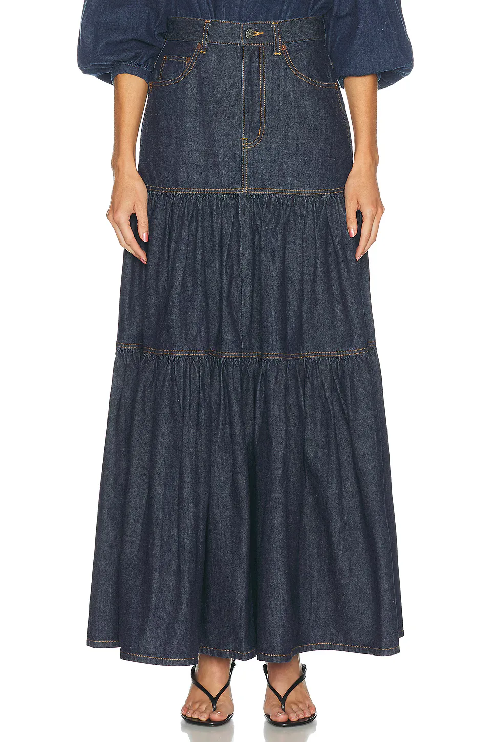 Denim Long Ruffle Skirt by Saint Laurent