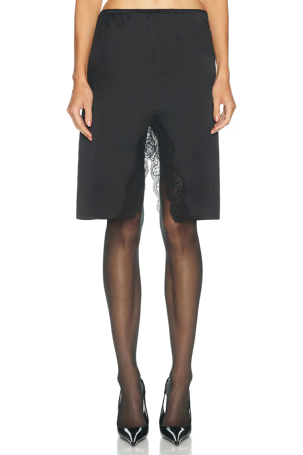 Lace Trimmed Satin Midi Skirt by Saint Laurent