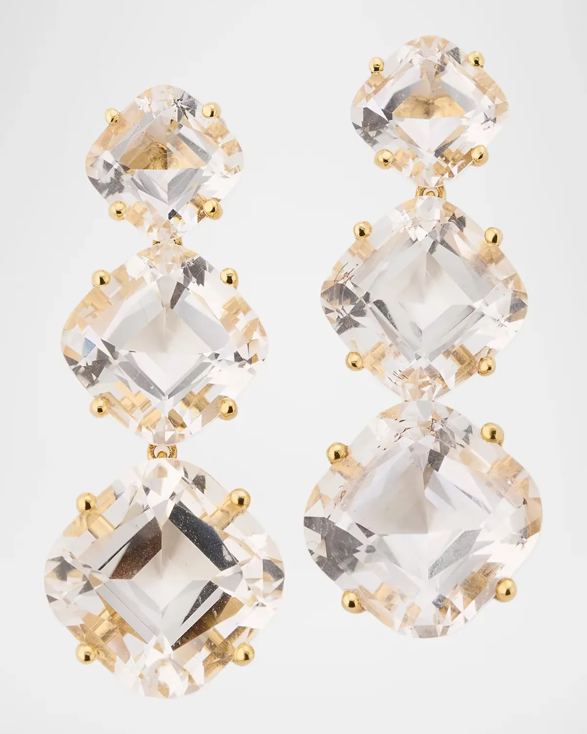 18K Yellow Gold Gossip Rock Crystal 3-Stone Cushion Cut Earrings