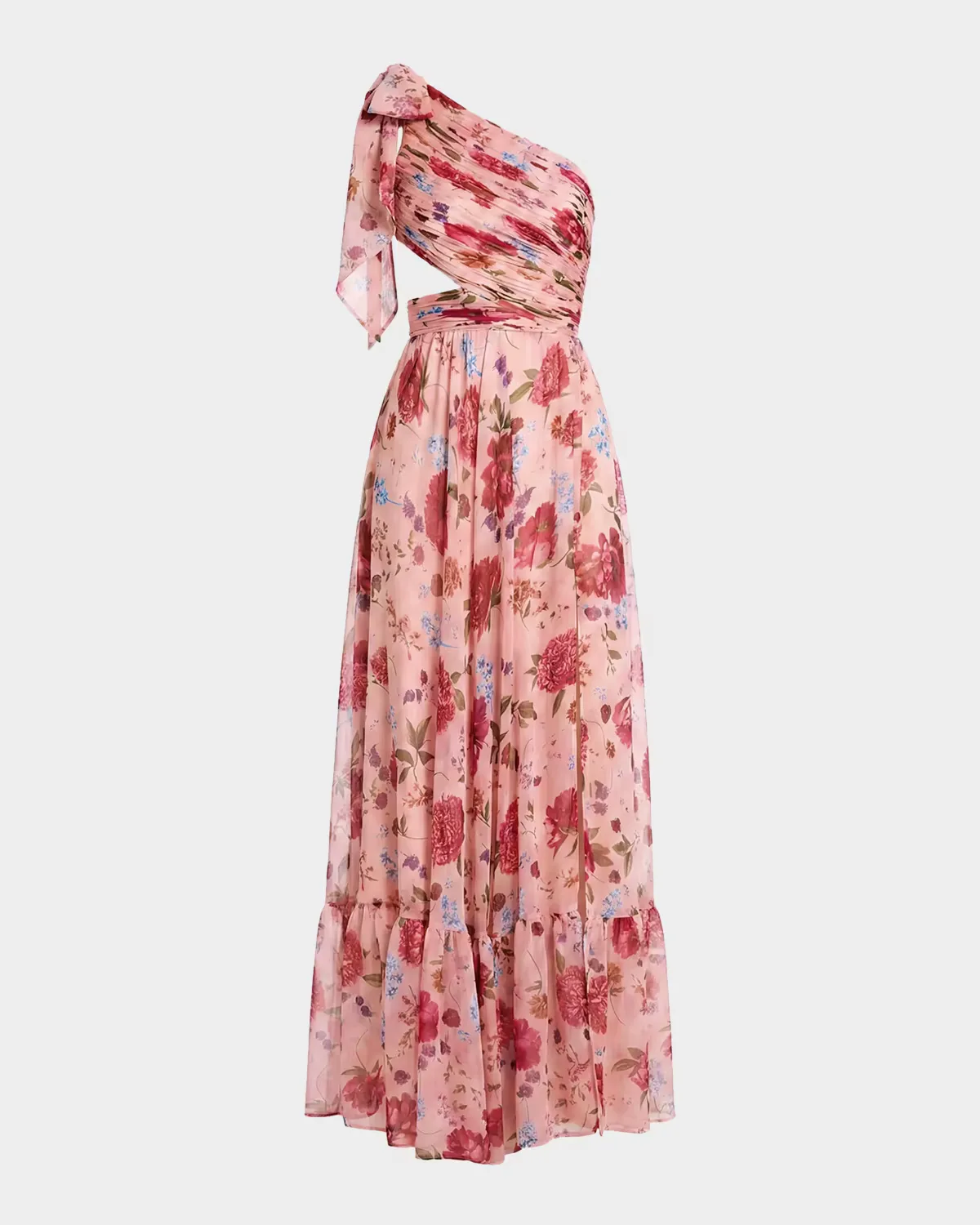 Floral Chiffon Tied One-Shoulder Gown by M.A.C.