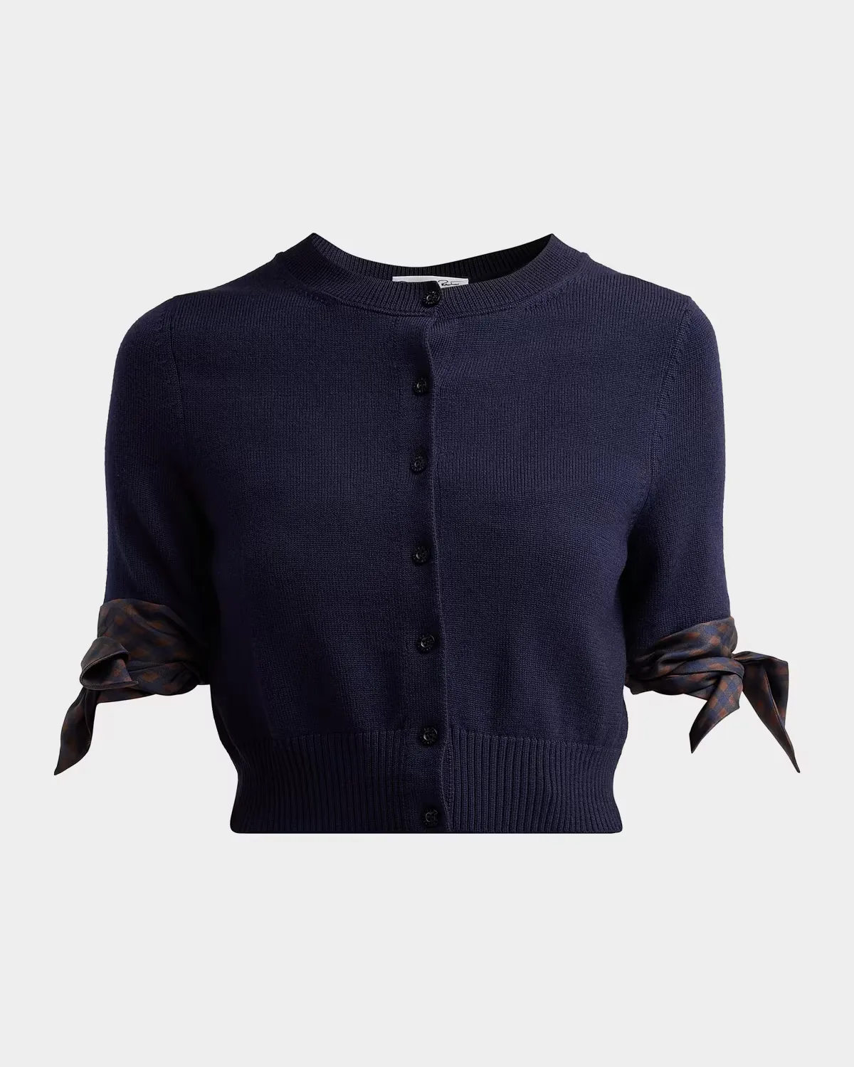 Argyle Silk Cuffs Crop Crewneck Cardigan by Oscar de la Renta
