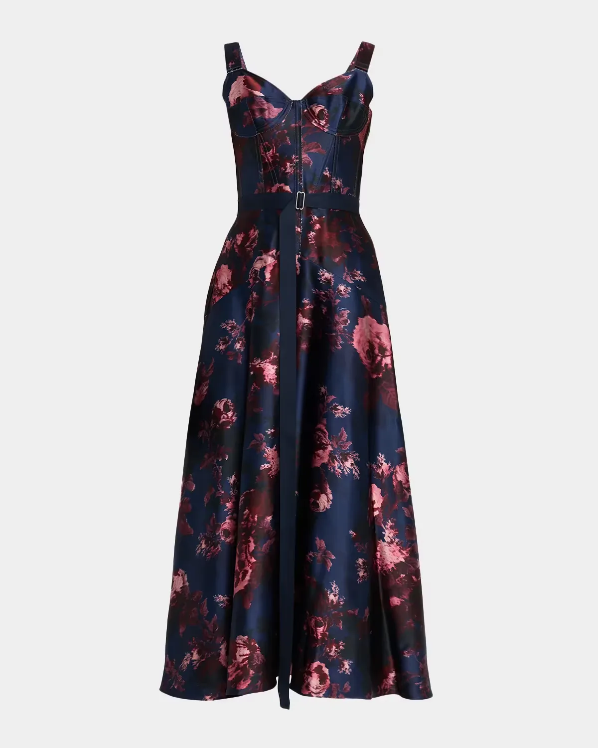 Rose-Print Duchess Satin Bustier Midi Dress with Belt by Erdem