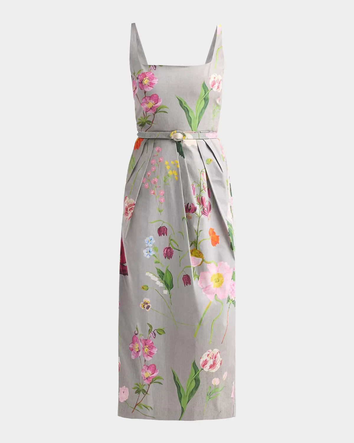 Mixed Botanical Pleated Stretch-Cotton Midi Dress by Oscar de la Renta