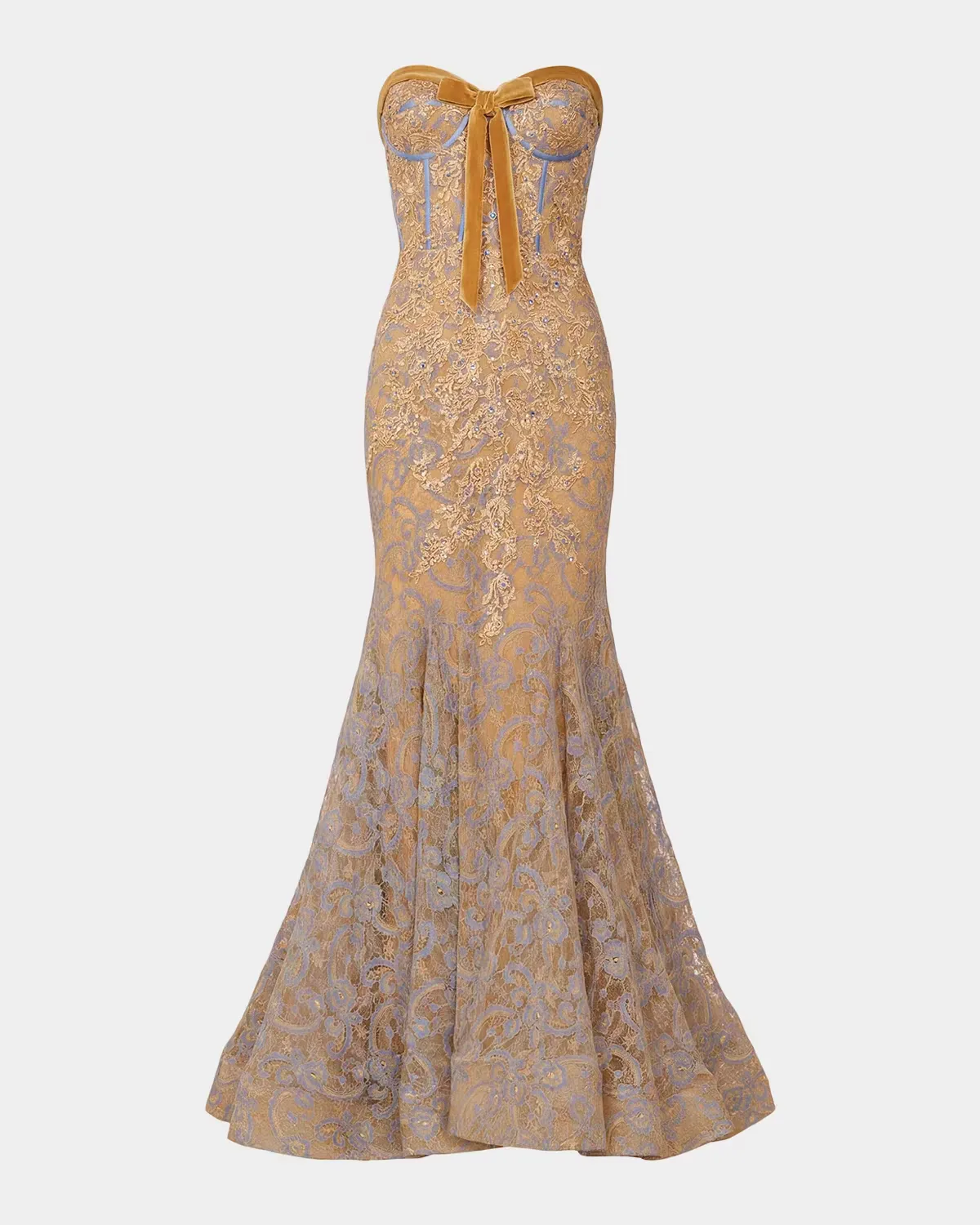 Embellished Lace Strapless Mermaid Gown by M.A.C.