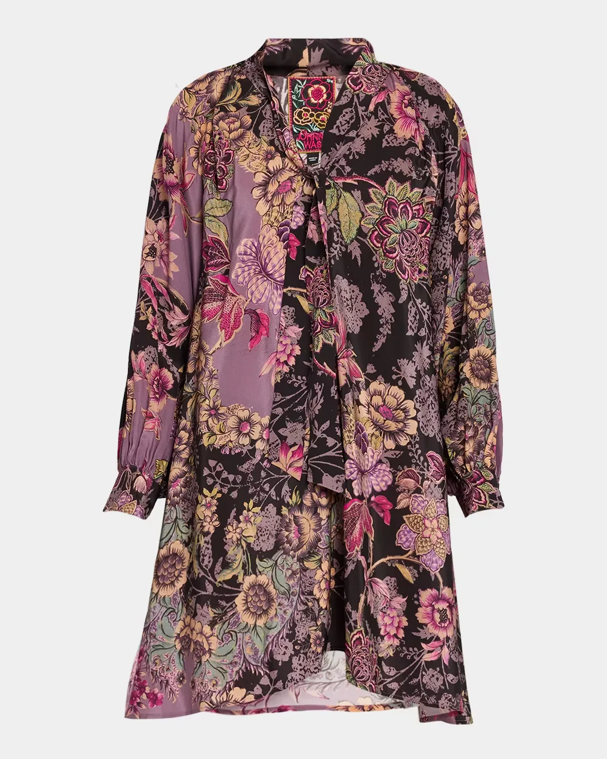 Magaly Tie-Neck Floral Silk Mini Dress by Johnny Was