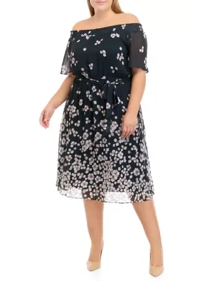 Off the Shoulder Flutter Print Chiffon Midi Dress by Studio 1