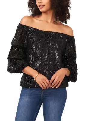 Blouson Sleeve Sequin Off the Shoulder Top by Vince Camuto